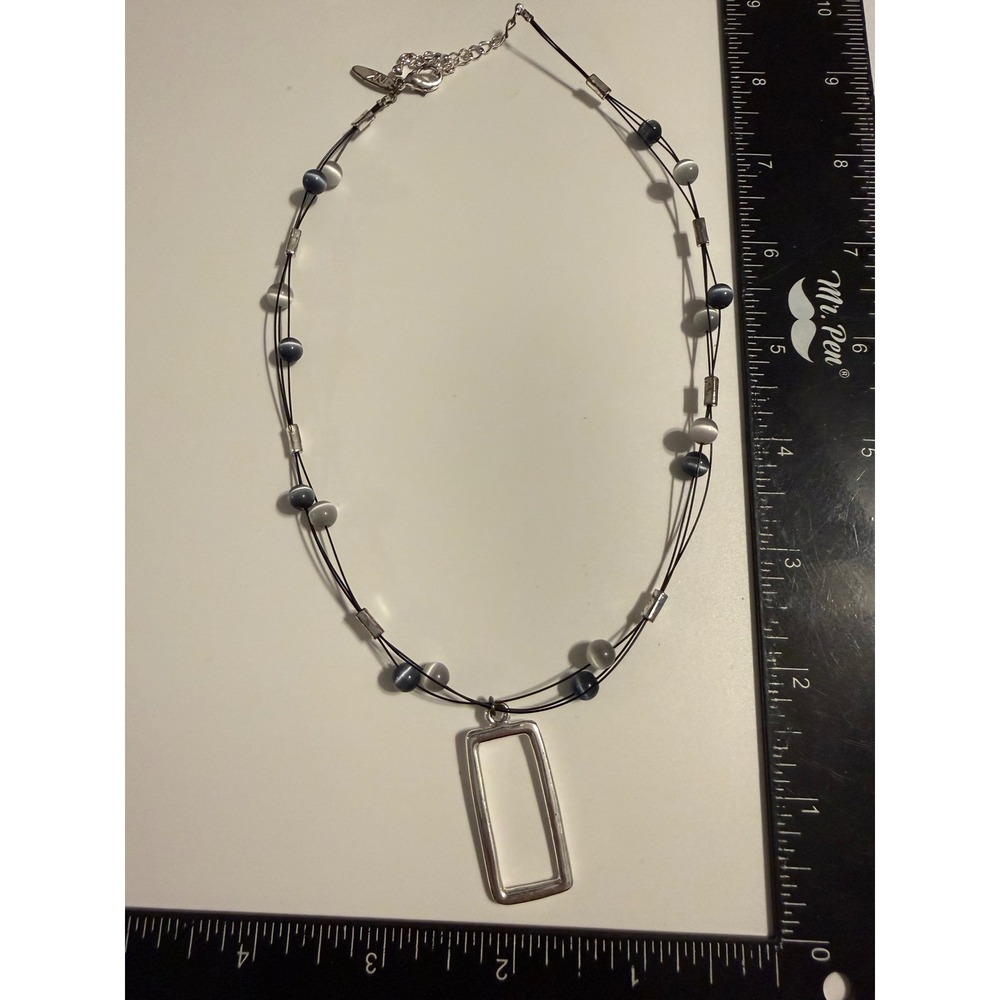 NY Silver Tone Multi Strand Cat Eye Bead Rectangle Pendant Necklace Grey White